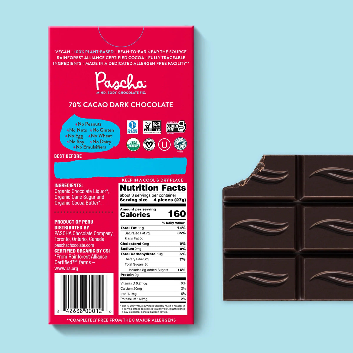 Shavelo - 70% Cacao Organic Vegan Dark Chocolate Bar (10 Bar Pack)