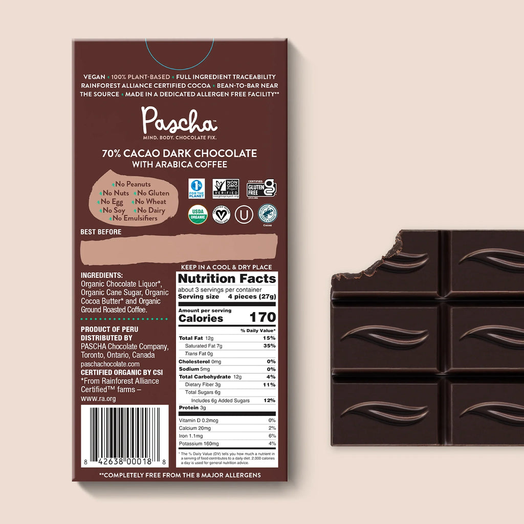 Shavelo - 70% Cacao Organic Vegan Dark Chocolate Bar with Arabica Coffee (10 Bar Pack)