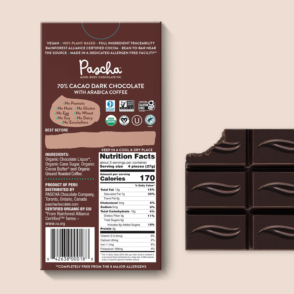 Shavelo - 70% Cacao Organic Vegan Dark Chocolate Bar with Arabica Coffee (10 Bar Pack)