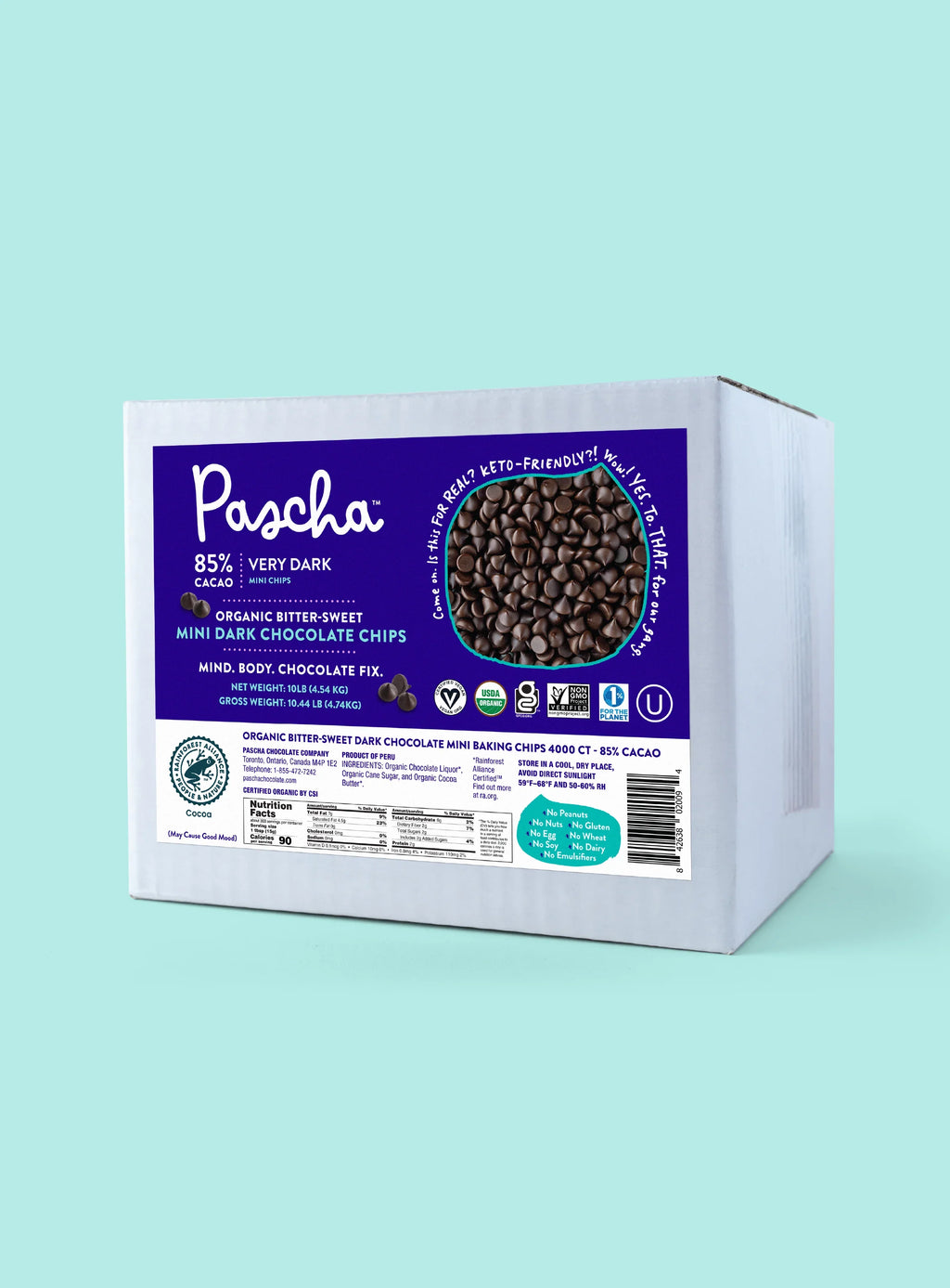 Shavelo - Bulk Mini Chips (10 lbs) - 85% Cacao Organic Vegan Extra Bitter-Sweet Dark Chocolate Chips (4000 ct) - Keto Friendly!
