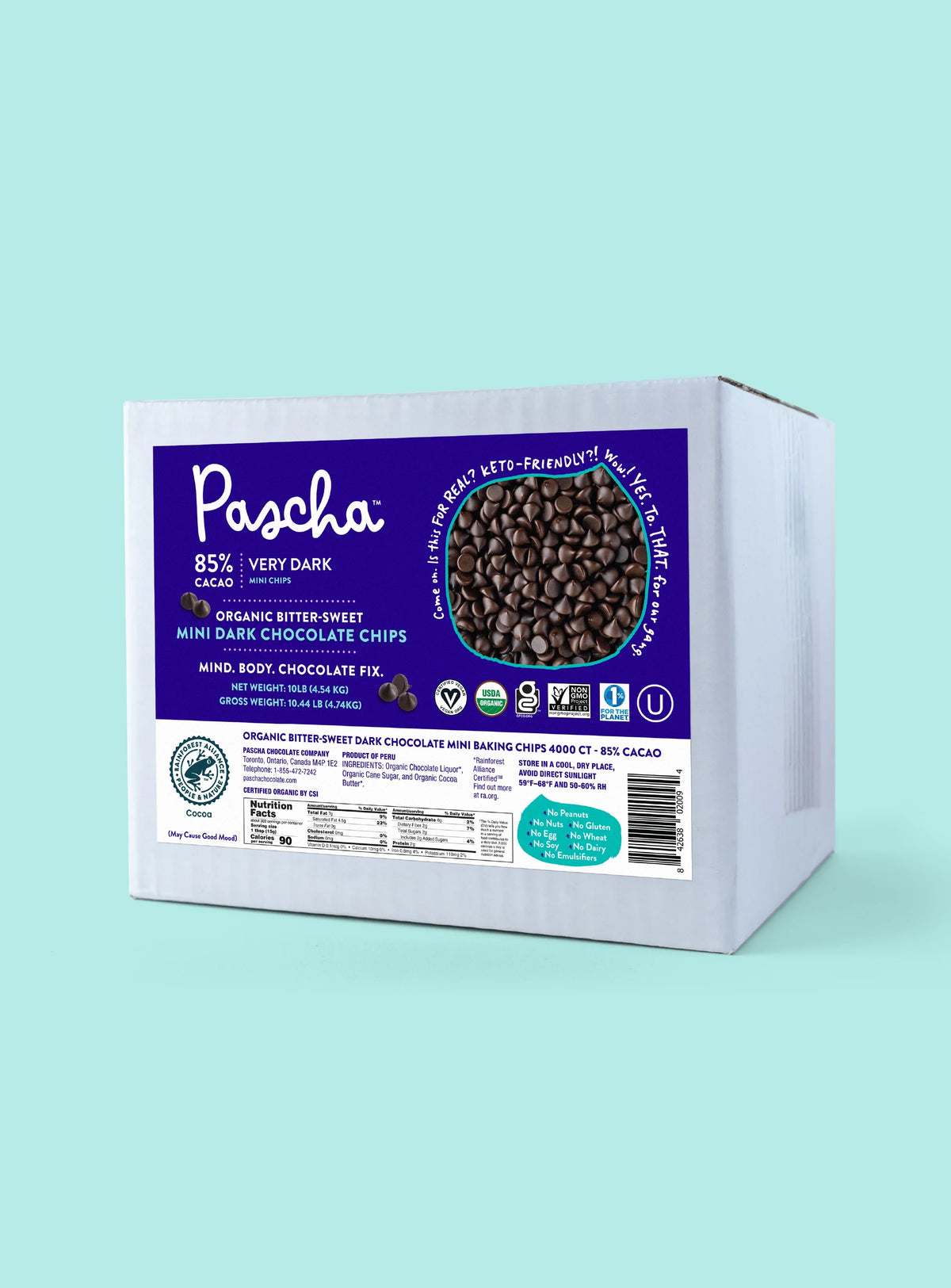 Shavelo - Bulk Mini Chips (10 lbs) - 85% Cacao Organic Vegan Extra Bitter-Sweet Dark Chocolate Chips (4000 ct) - Keto Friendly!