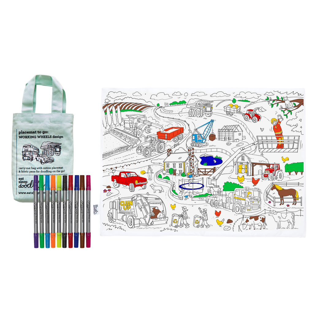 Kibakids - Cars, Trucks & Tractors Reusable Colour-In Placemat for Kids