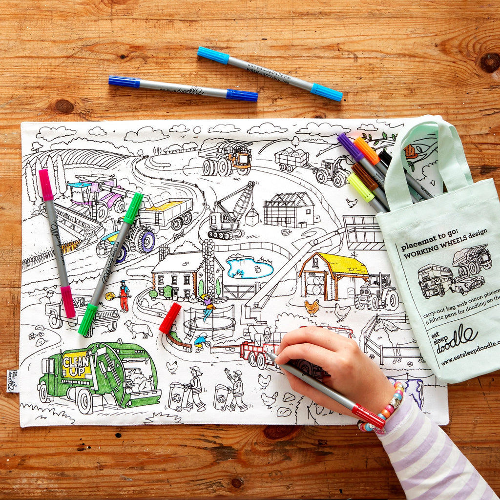 Kibakids - Cars, Trucks & Tractors Reusable Colour-In Placemat for Kids