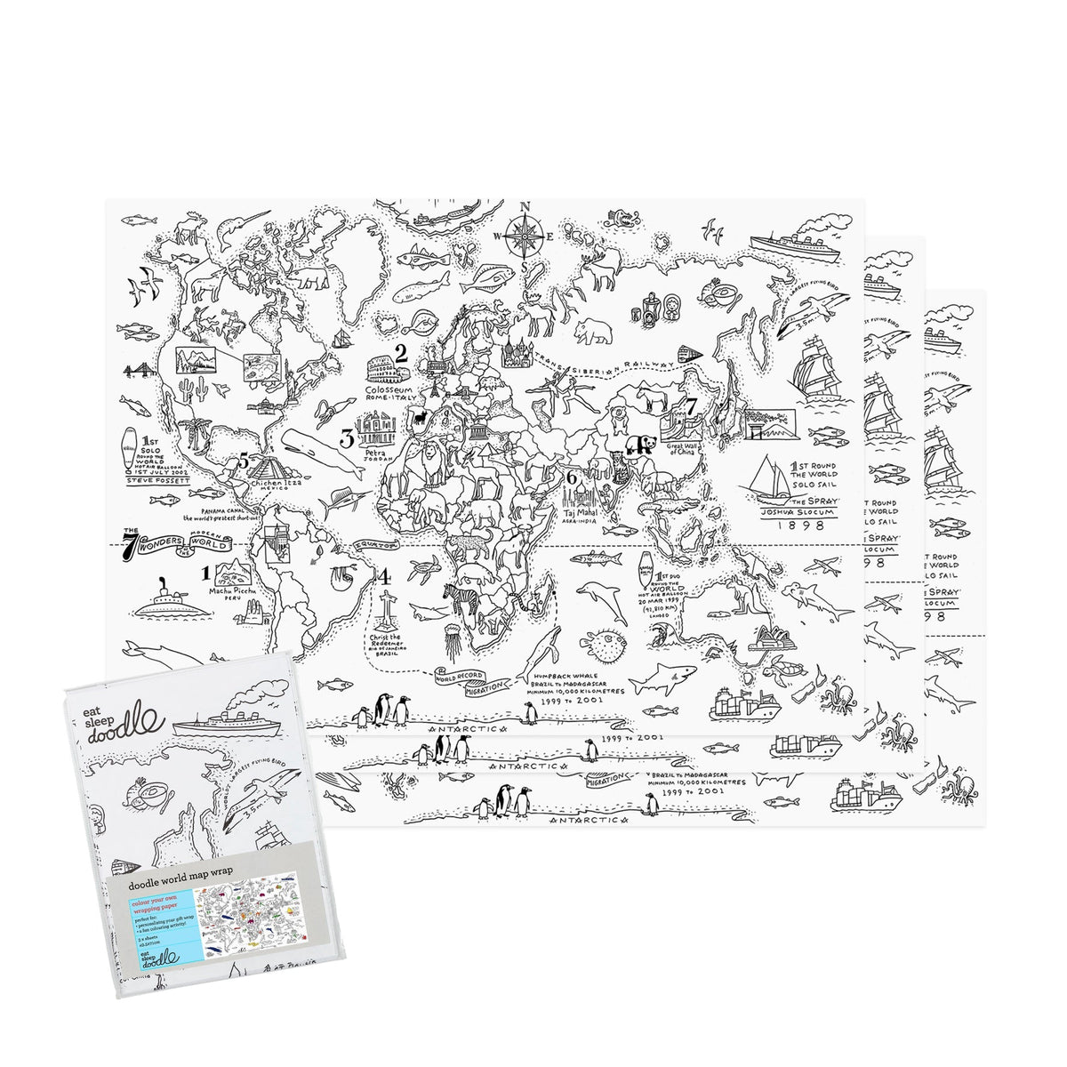 Kibakids - colour in world map wrapping paper (3 sheets)