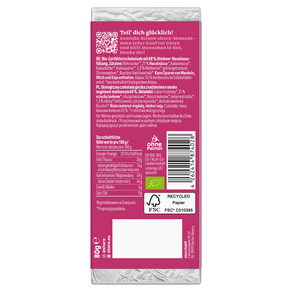 Shavelo - Bio Tafelschokolade Berry Kiss Praliné Zartbitter mit Himbeere 1x80g