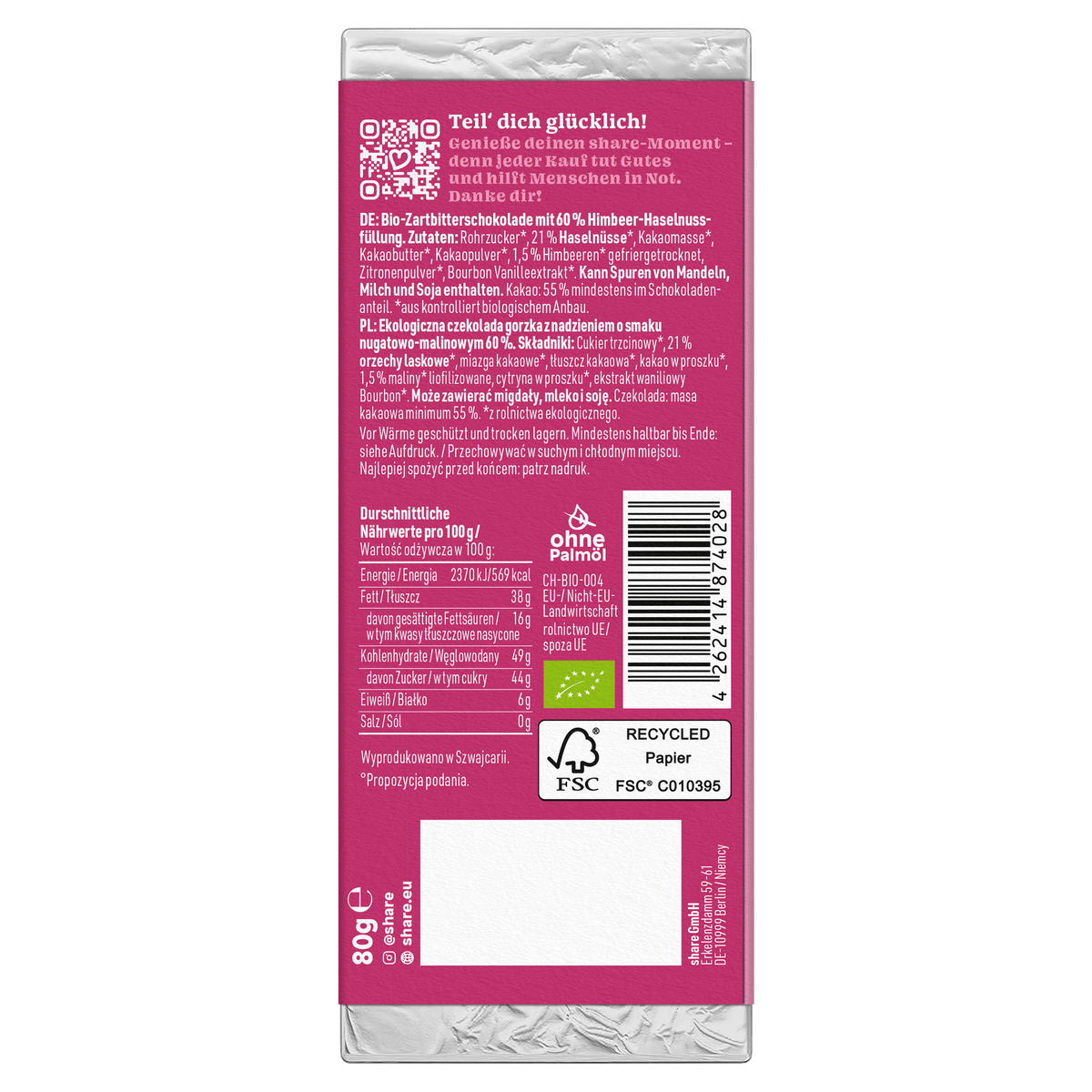 Shavelo - Bio Tafelschokolade Berry Kiss Praliné Zartbitter mit Himbeere 1x80g