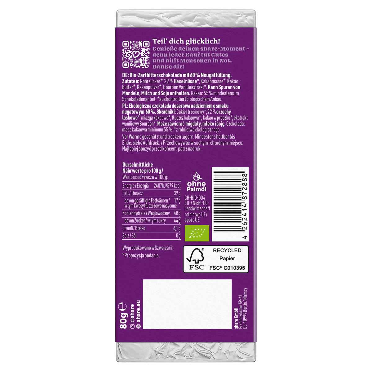 Shavelo - Bio Tafelschokolade Creamy Nougat Praliné Zartbitter mit Nougat 1x80g