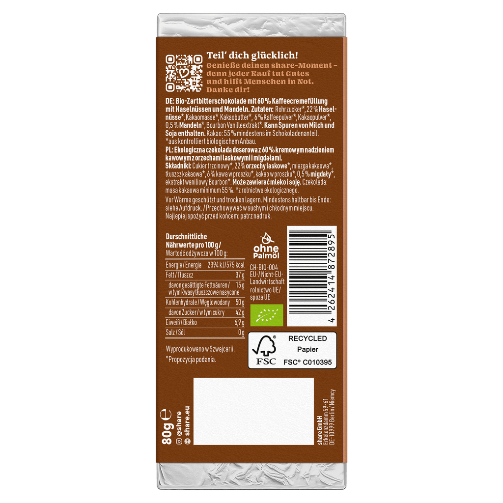 Shavelo - Bio Tafelschokolade Mocca Crush Praliné Zartbitter mit Mokka 1x80g